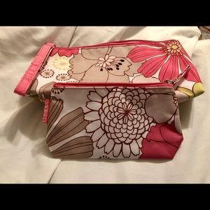 Two White/Pink/Brown Floral Clinique Cosmetic Bags